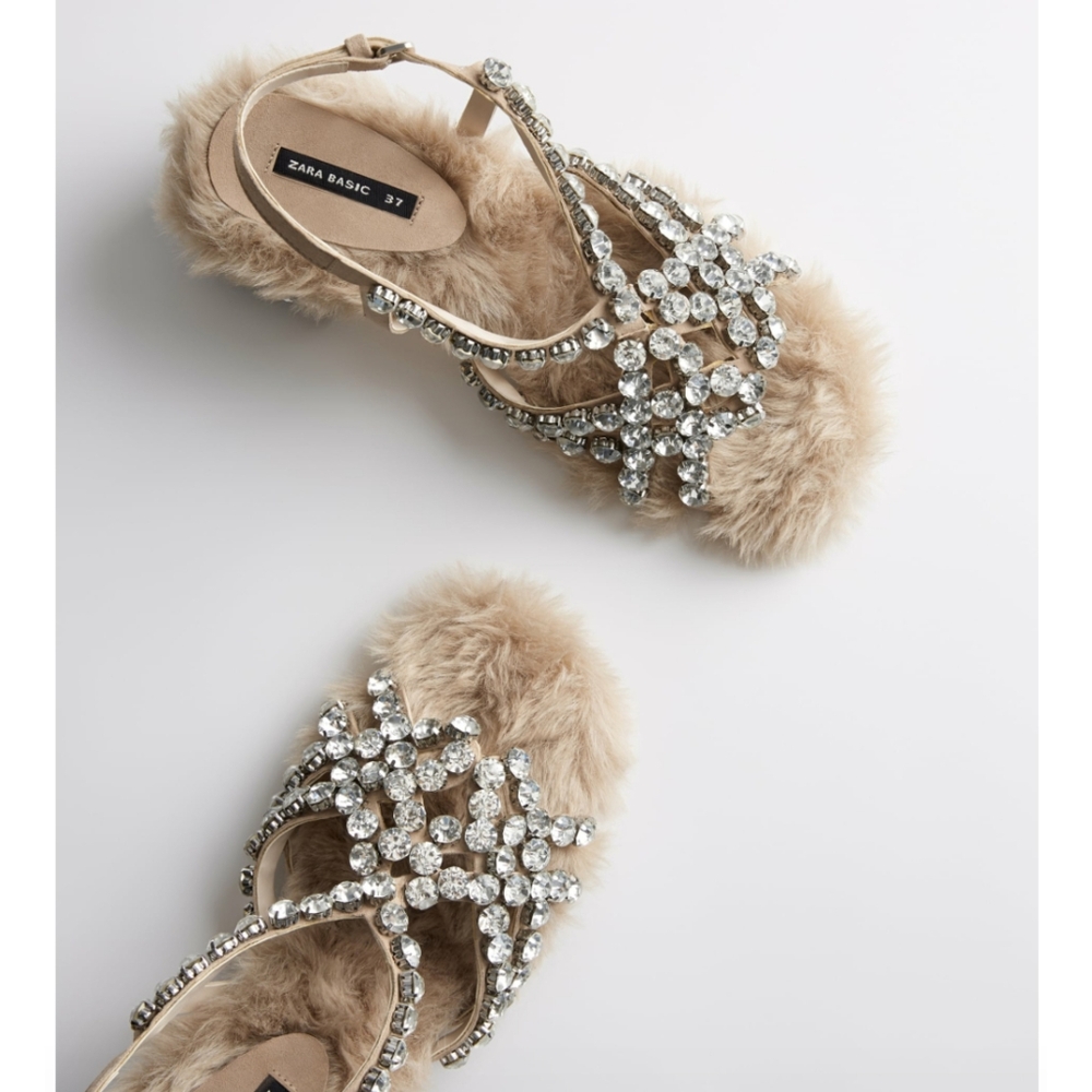 ZARA Limited Edition Exclusive Collection Rhinestone Faux Fur Leather Sandals 6 - Picture 3 of 15